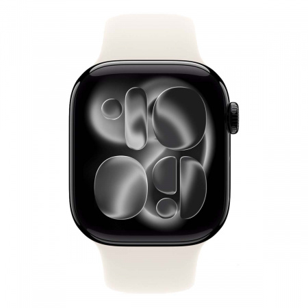 Apple Watch Series 11, 42 мм корпус из алюминия цвета «Jet Black», ремешок Sport Band цвета «Starlight»