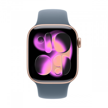 Apple Watch Series 11, 46 мм корпус из алюминия цвета «Rose Gold», ремешок Sport Band цвета «Anchor Blue»